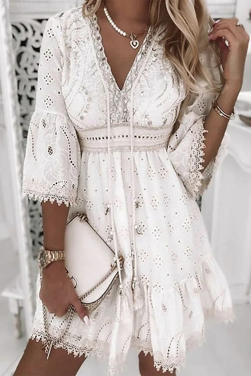 Sweet Elegant Solid Tassel Embroidered Hollowed Out V Neck A Line Dresses White