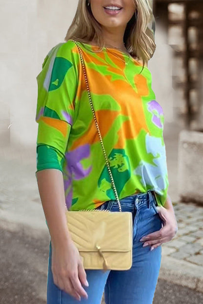 Work Elegant Print Patchwork Oblique Collar T-Shirts(7 Colors) Green Yellow