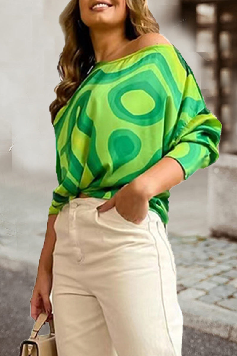 Work Elegant Print Patchwork Oblique Collar T-Shirts(7 Colors) Green