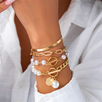 Casual Patchwork Chains Pearl Bracelets Golden White One Size