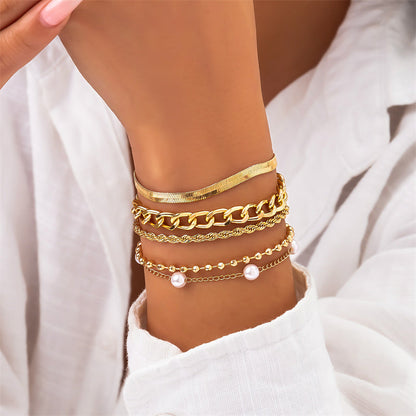 Casual Patchwork Chains Pearl Bracelets Gold One Size