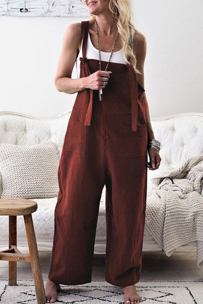 Casual Solid Make Old Patchwork Square Collar Loose Jumpsuits(5 Colors) Coffee