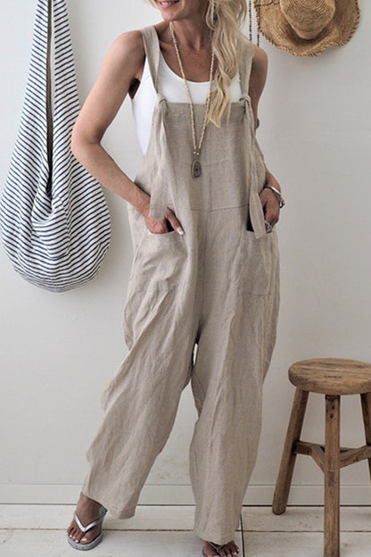 Casual Solid Make Old Patchwork Square Collar Loose Jumpsuits(5 Colors) Apricot