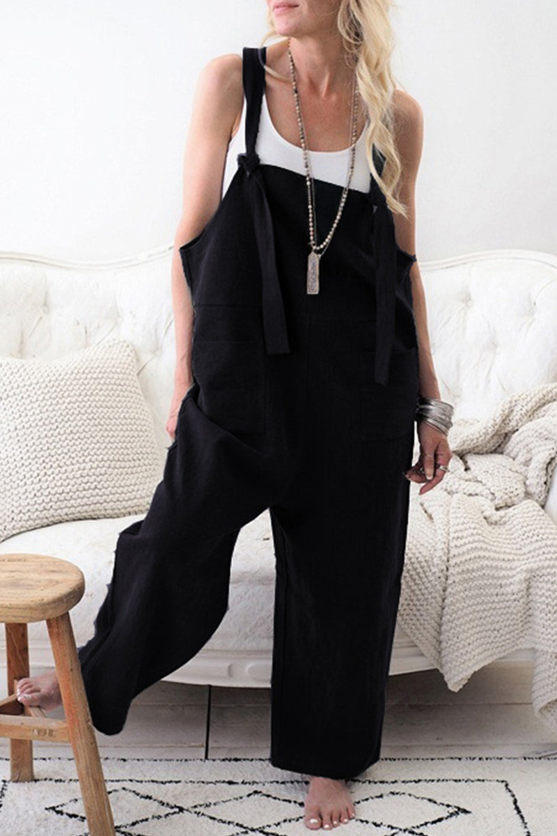 Casual Solid Make Old Patchwork Square Collar Loose Jumpsuits(5 Colors) Black