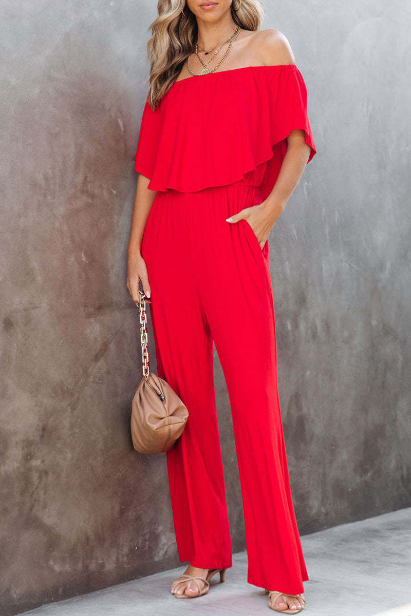 Casual Daily Solid Solid Color Off the Shoulder Regular Jumpsuits(4 Colors) Red