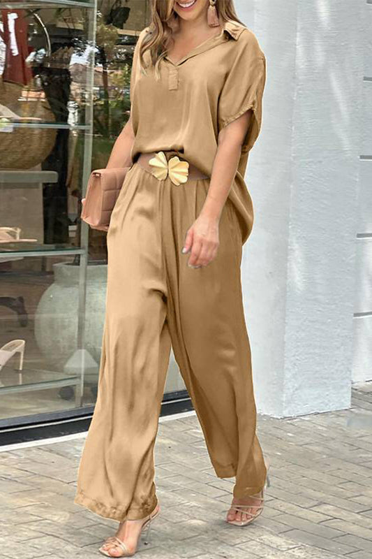 Casual Simplicity Solid Without Belt V Neck Short Sleeve Two Pieces(3 Colors) Khaki