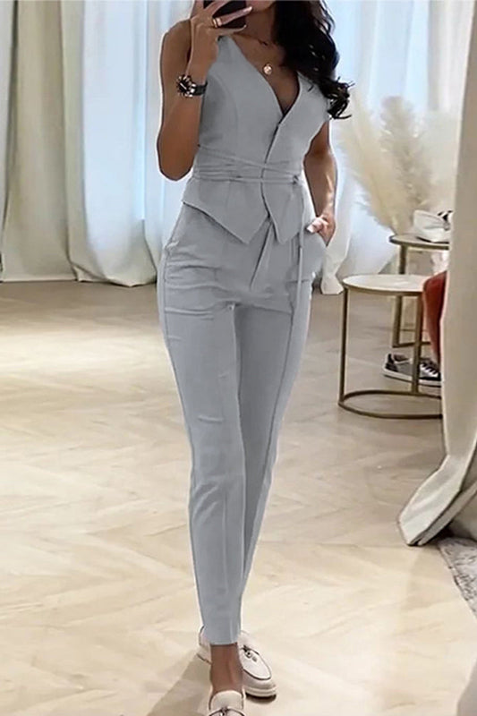 Sexy Work Solid V Neck Sleeveless Two Pieces Grey