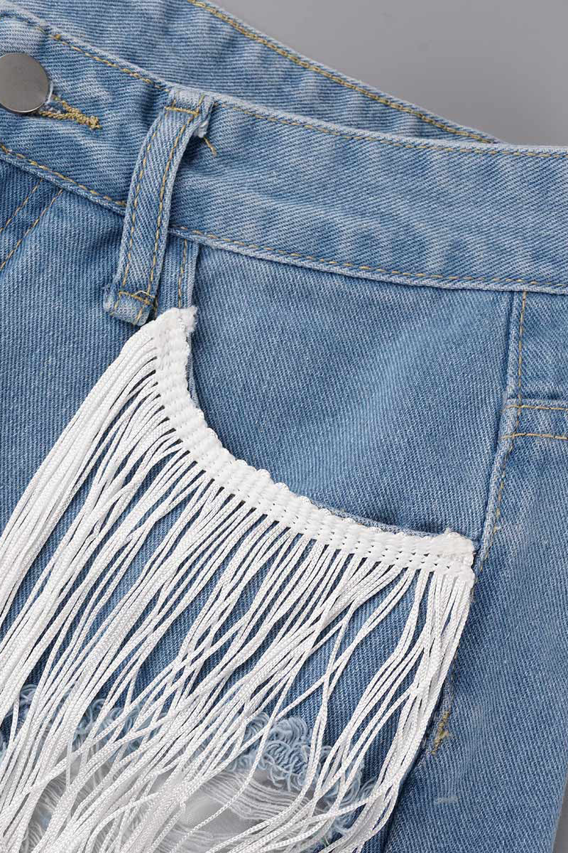 Casual Simplicity Solid Tassel Ripped Straight Denim Shorts