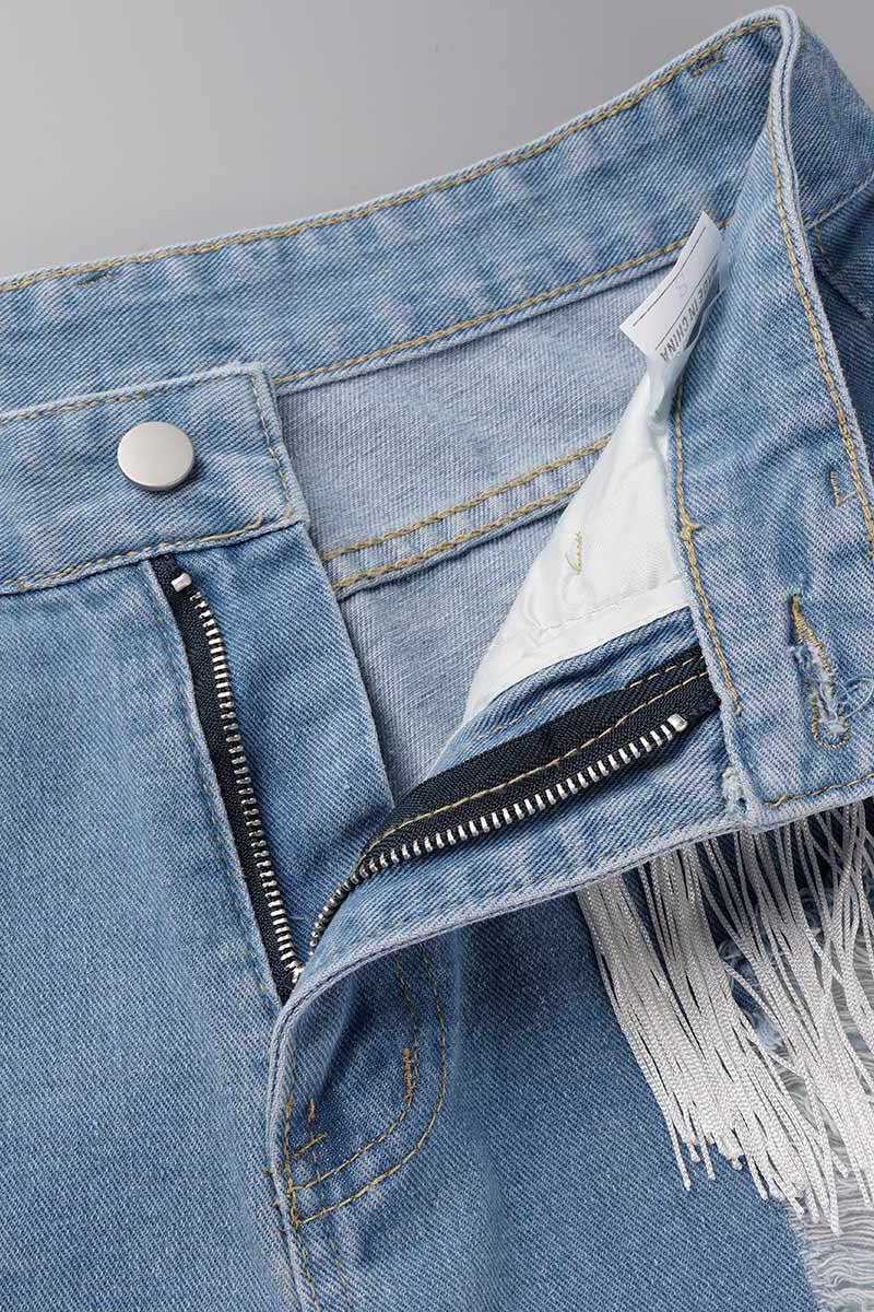 Casual Simplicity Solid Tassel Ripped Straight Denim Shorts