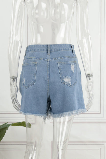 Casual Simplicity Solid Tassel Ripped Straight Denim Shorts