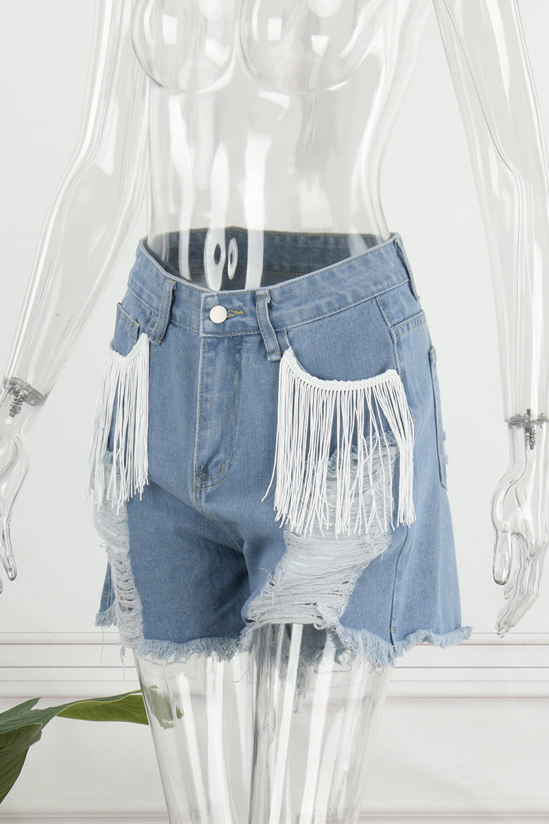 Casual Simplicity Solid Tassel Ripped Straight Denim Shorts