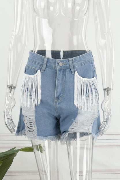 Casual Simplicity Solid Tassel Ripped Straight Denim Shorts