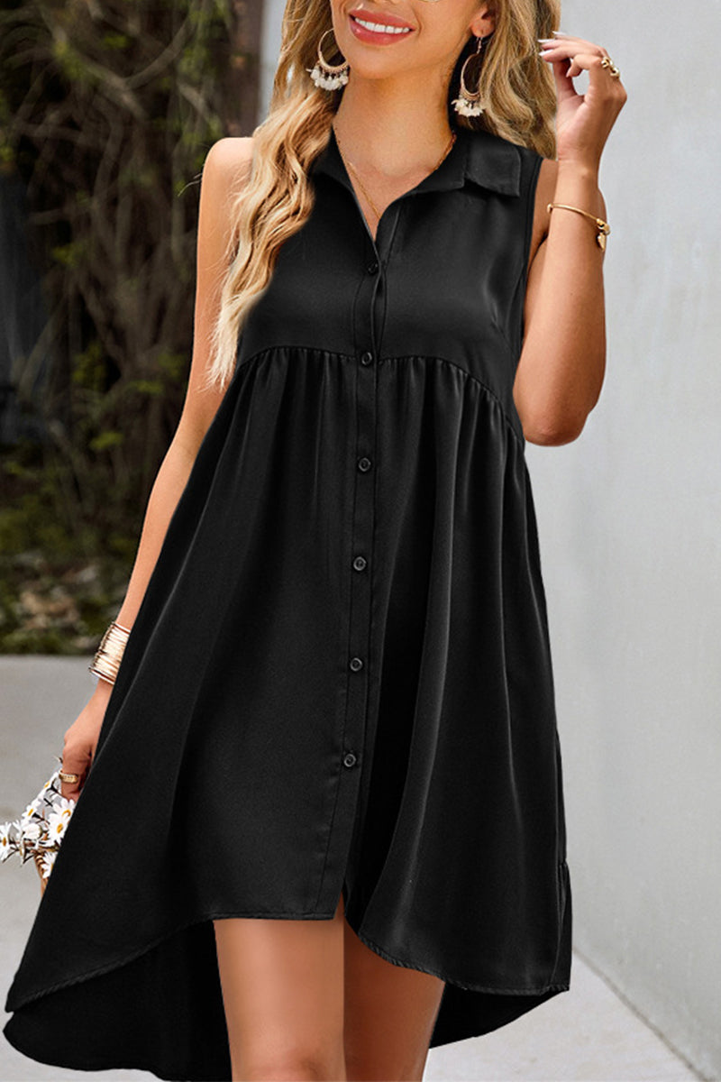 Casual Daily Solid Buckle Turndown Collar A Line Dresses Black