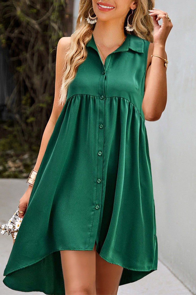 Casual Daily Solid Buckle Turndown Collar A Line Dresses Green