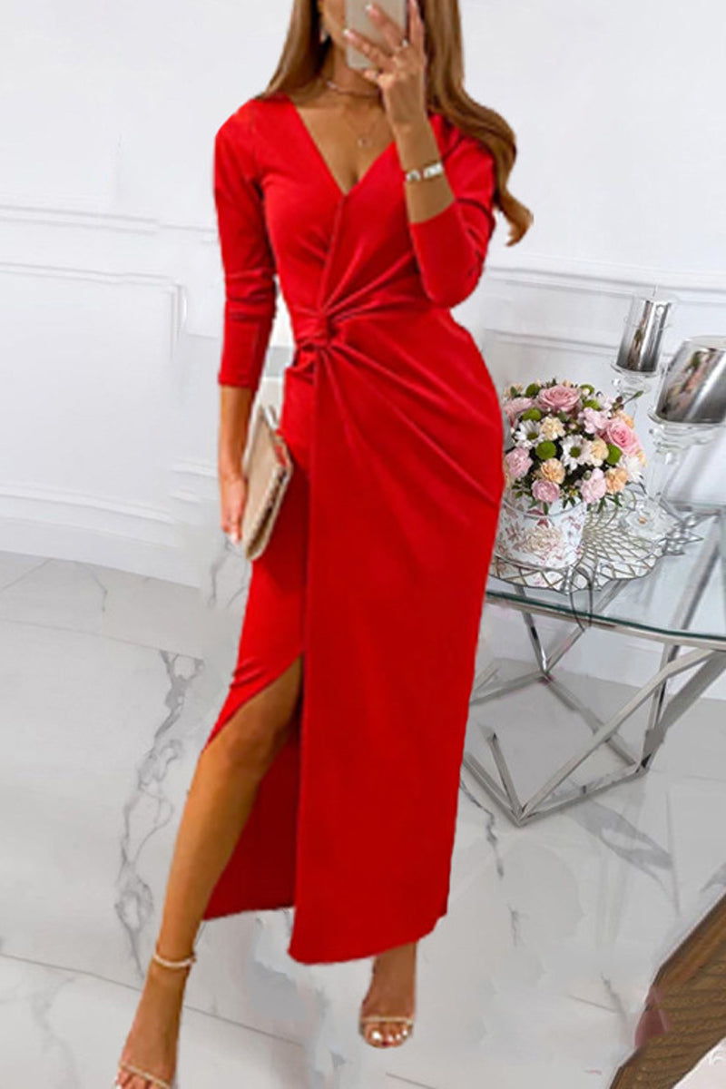 Elegant Solid Slit Fold V Neck Evening Dress Dresses(4 Colors) Red