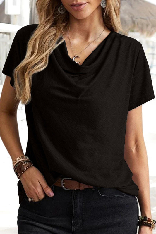 Casual Daily Solid Asymmetrical U Neck T-Shirts(5 Colors) Black