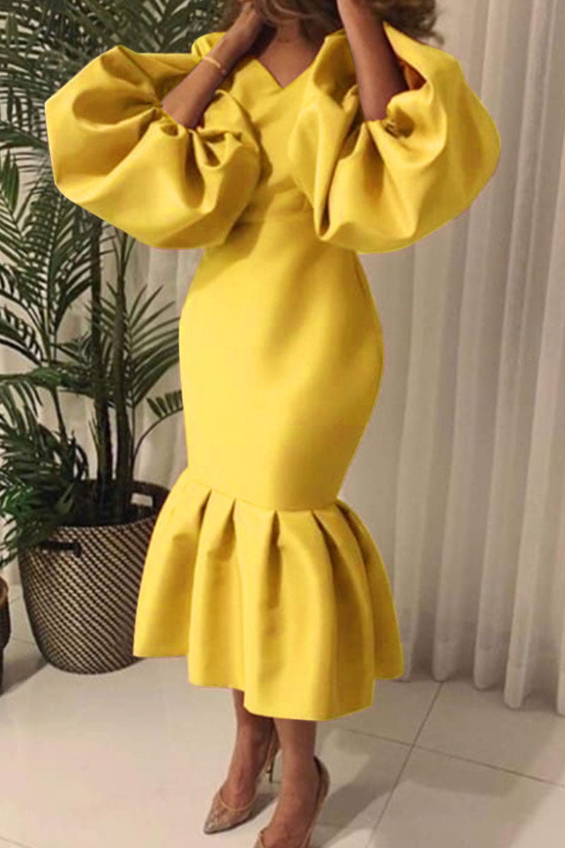 Fashion Sexy Solid Basic V Neck Evening Dress(6 Colors) Yellow