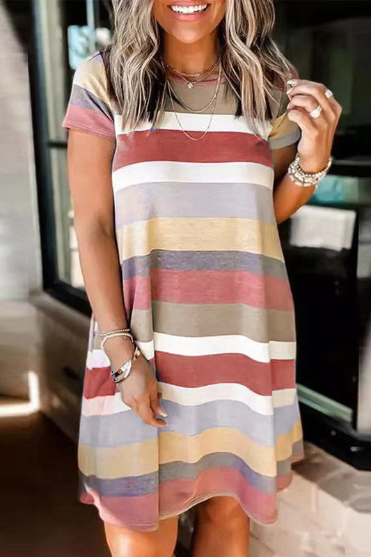 Casual Street Striped Patchwork Pocket O Neck T-shirt Dress Short Sleeve Dress(5 Colors) Orange Red