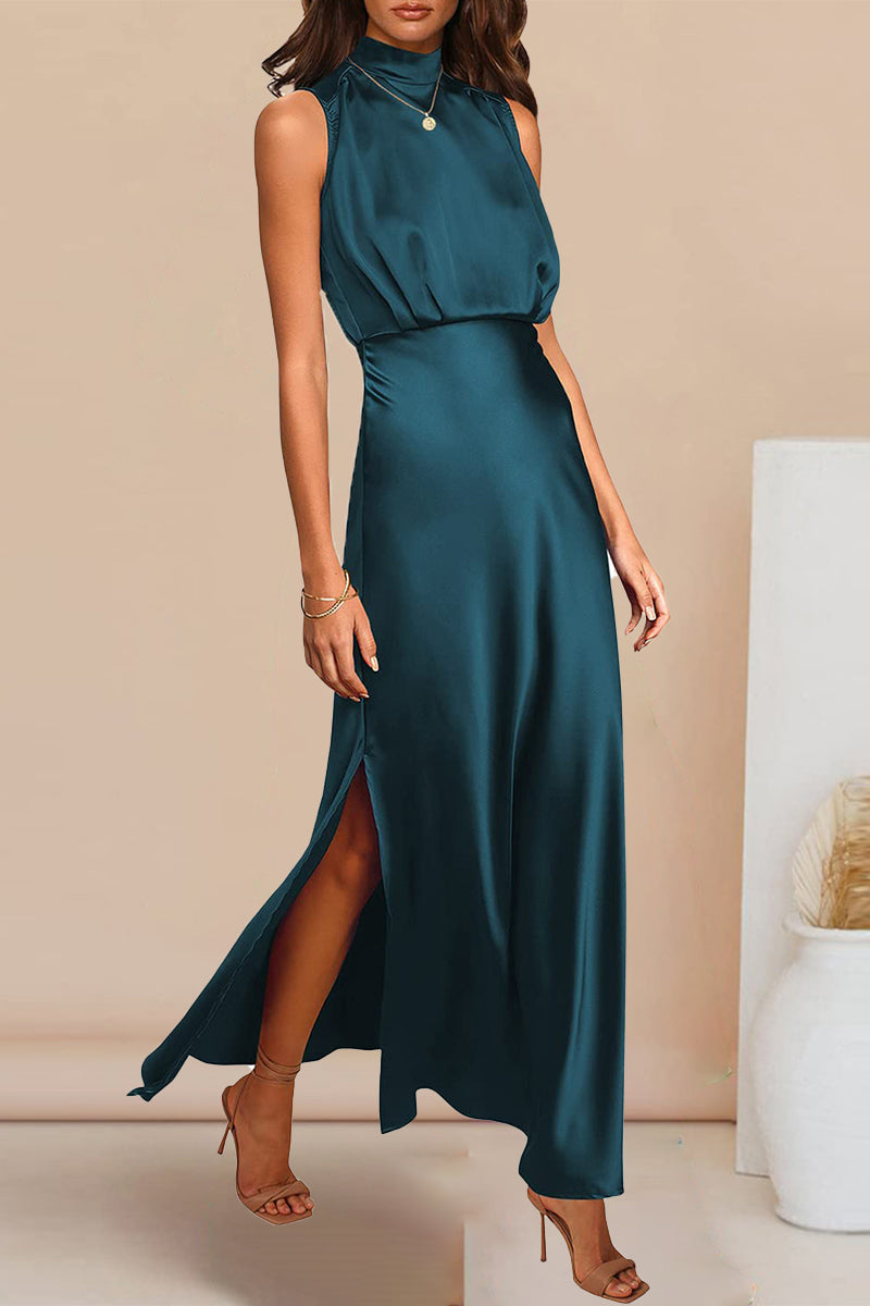 Celebrities Elegant Solid Solid Color Halter A Line Dresses(5 Colors) Lake Blue