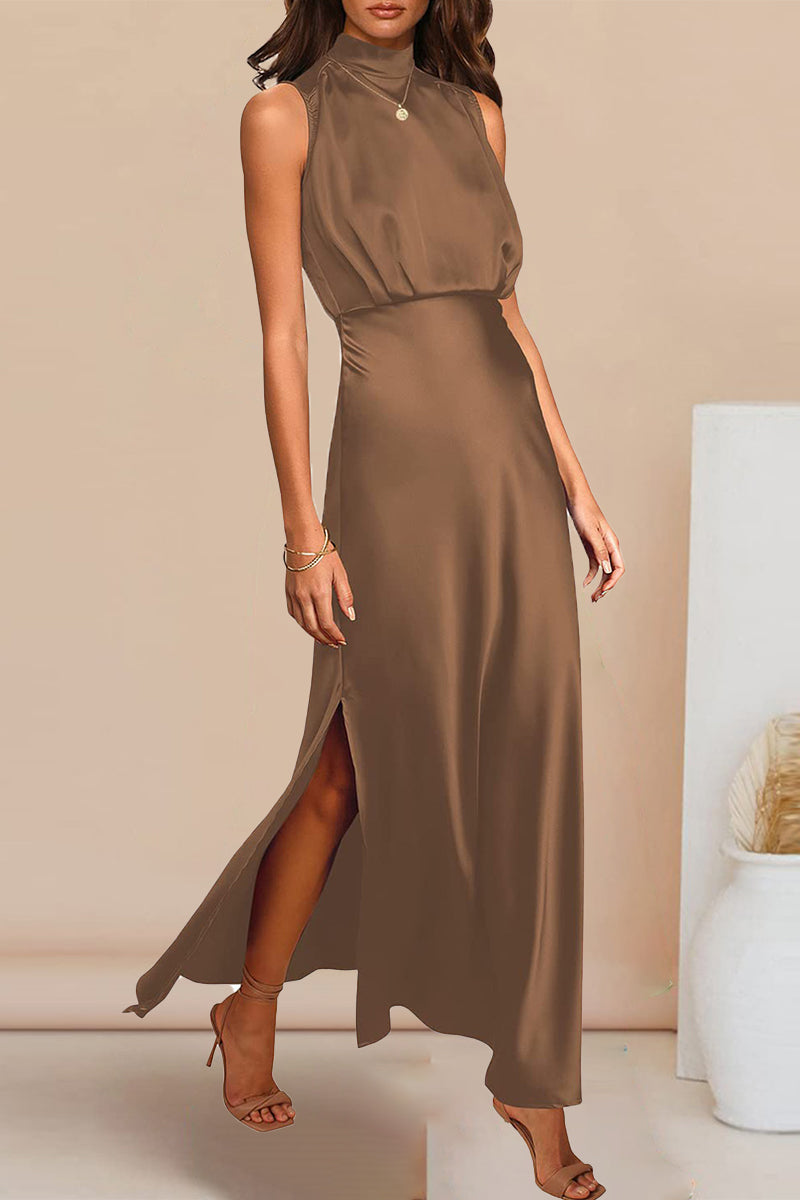 Celebrities Elegant Solid Solid Color Halter A Line Dresses(5 Colors) Caramel Colour