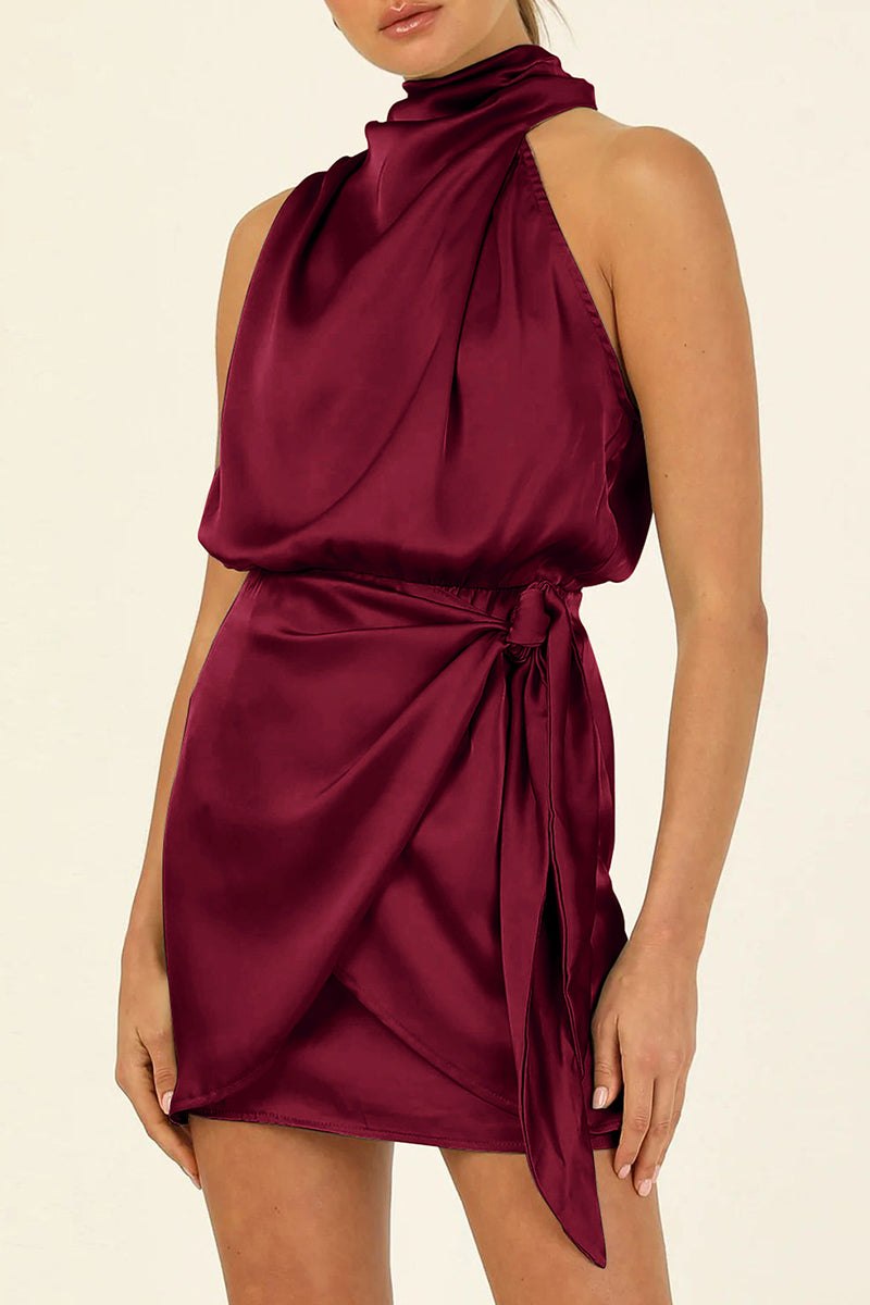 Celebrities Elegant Solid Fold Halter A Line Dresses(6 Colors) Burgundy