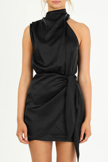 Celebrities Elegant Solid Fold Halter A Line Dresses(6 Colors) Black