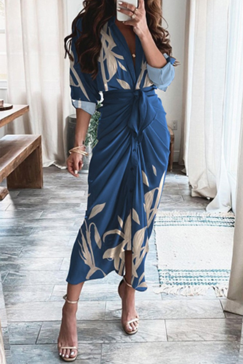 Casual Print Patchwork V Neck Irregular Dress Dresses(3 Colors) Blue