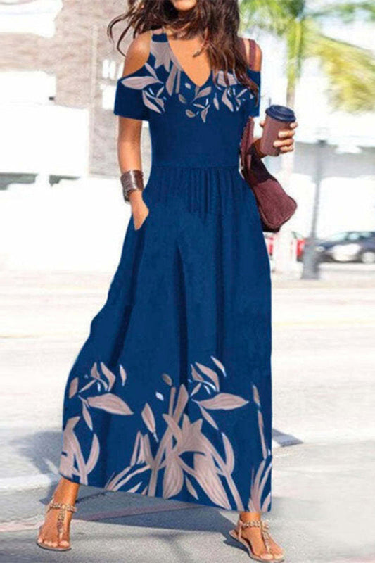 Casual Print Patchwork V Neck A Line Dresses Deep Blue