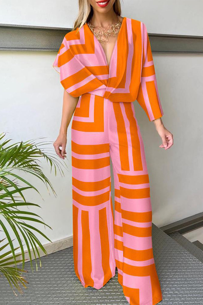 Casual Sportswear Print Patchwork Asymmetrical V Neck Straight Jumpsuits Orange