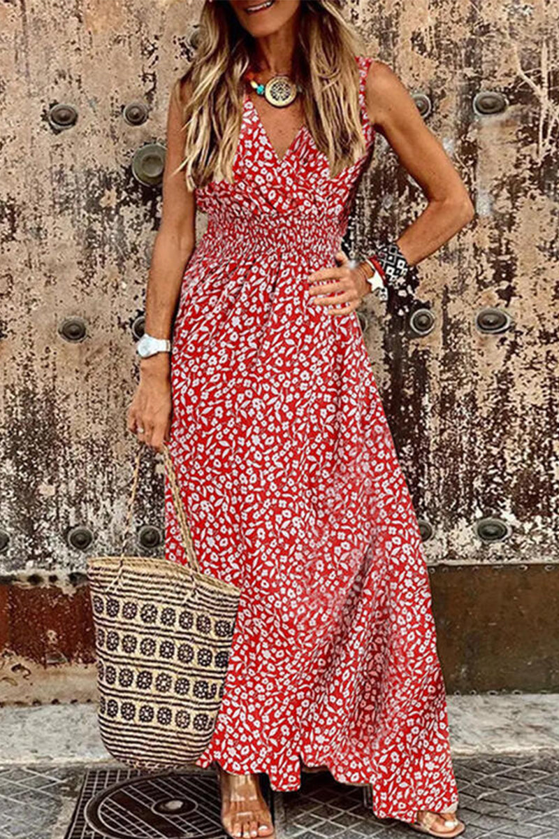 Elegant Vacation Print Patchwork V Neck Sling Dress Dresses Red