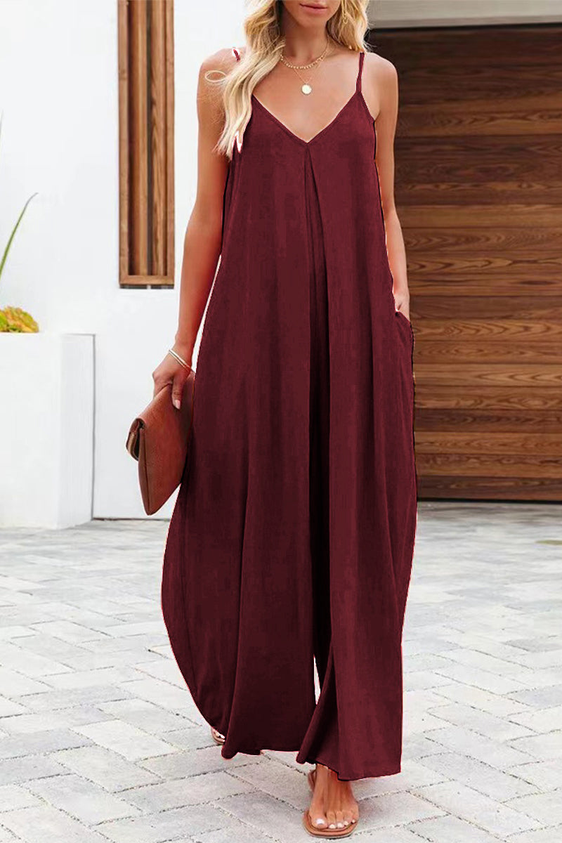 Casual Solid Solid Color V Neck Loose Jumpsuits(6 Colors) Deep Red