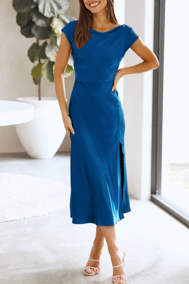 Celebrities Elegant Solid Hollowed Out Solid Color A Line Dresses(3 Colors) Royal Blue