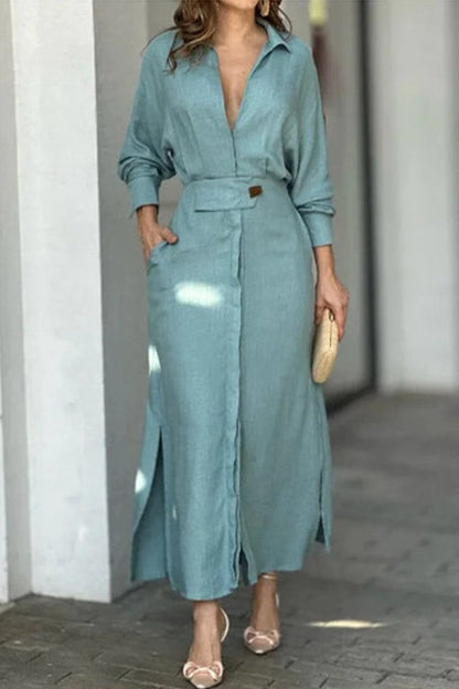 Work Elegant Solid Solid Color Shirt Collar Shirt Dress Dresses Sky Blue