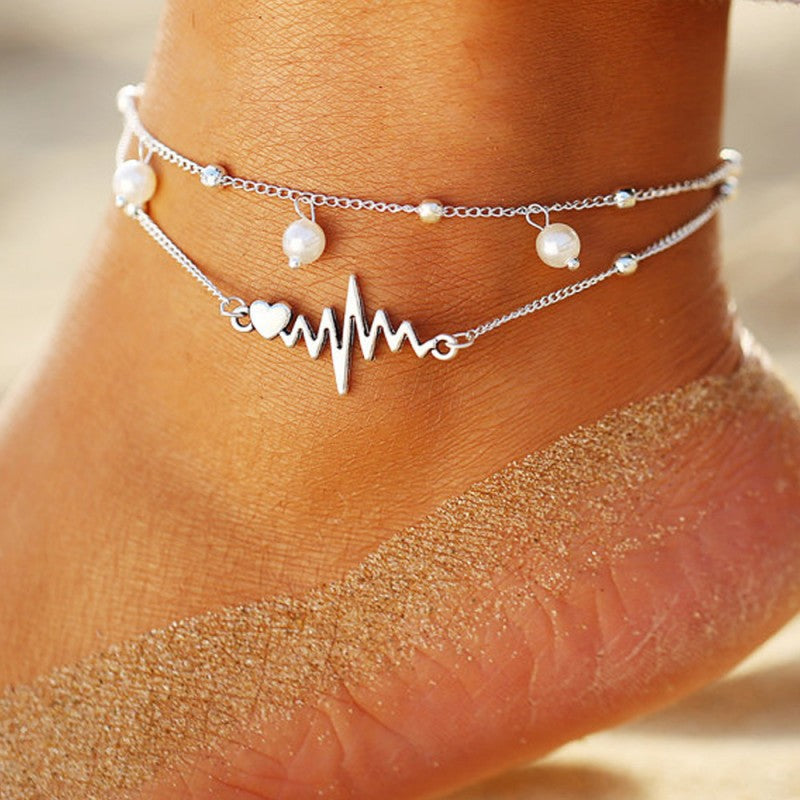 Casual Solid Patchwork Pearl Anklet Silver One Size