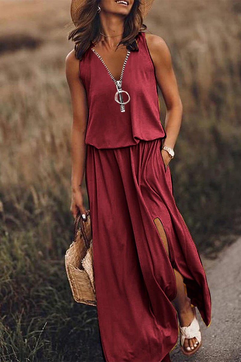 Casual Solid Slit Zipper V Neck Vest Dress Dresses(3 Colors) Red