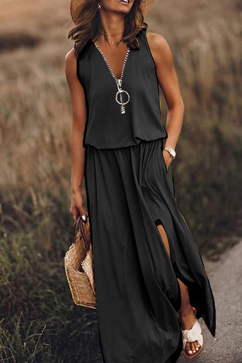 Casual Solid Slit Zipper V Neck Vest Dress Dresses(3 Colors) Black