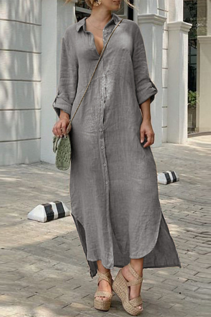 Casual Buttons Shirt Collar Shirt Dress Dresses(4 Colors) Grey