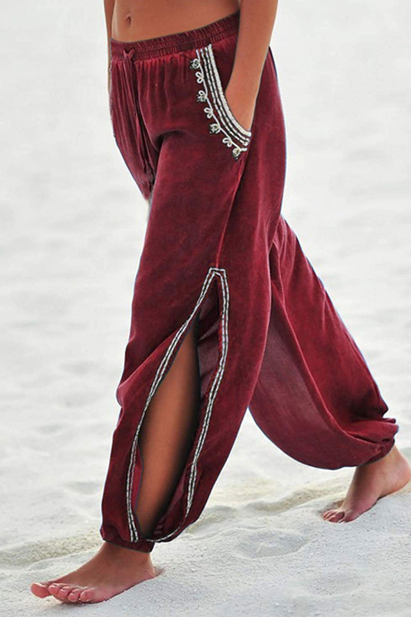 Casual Vacation Print Tassel Patchwork Slit Loose Harlan Patchwork Bottoms(4 Colors) Burgundy