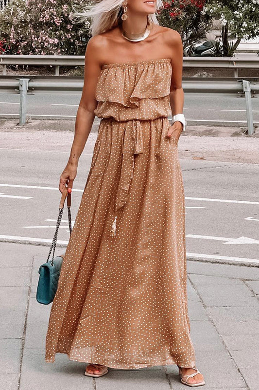 Bohemian Vacation Polka Dot Frenulum Strapless Pleated Dresses Khaki