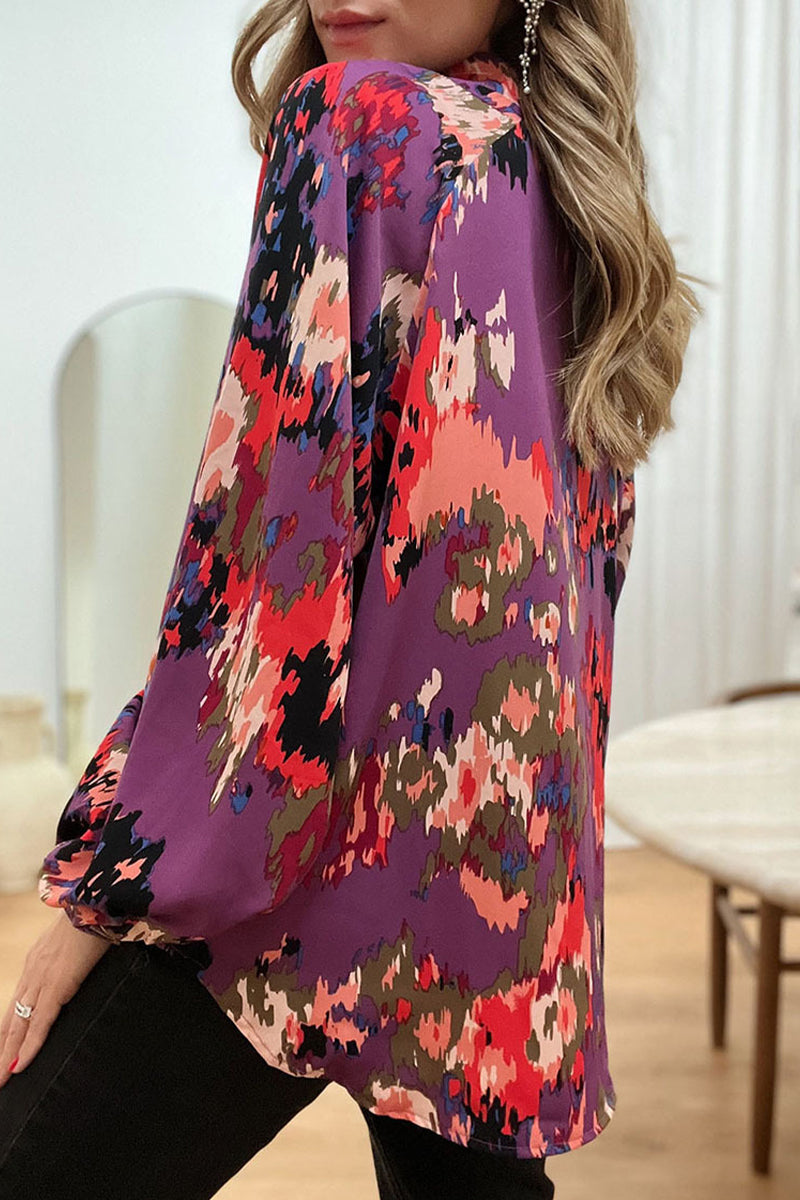 Work Elegant Print Patchwork V Neck Tops