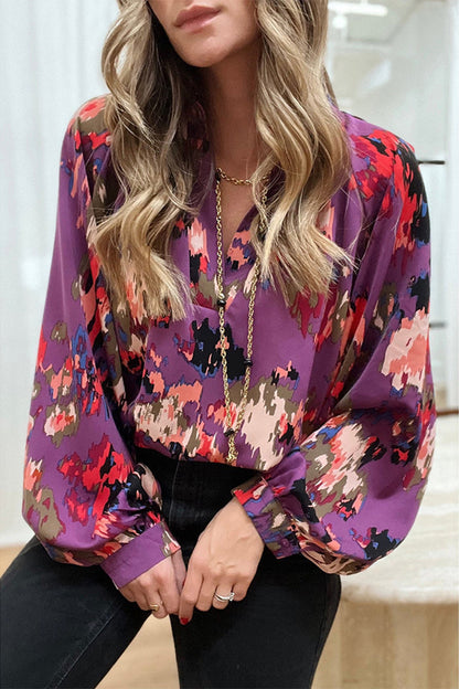 Work Elegant Print Patchwork V Neck Tops Purple