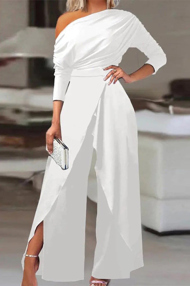 British Style Solid Backless Asymmetrical Oblique Collar Regular Jumpsuits(2 Colors) White