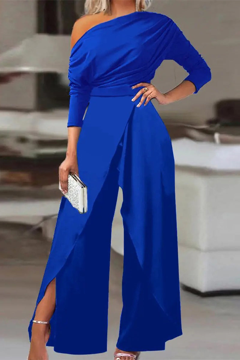 British Style Solid Backless Asymmetrical Oblique Collar Regular Jumpsuits(2 Colors) Blue