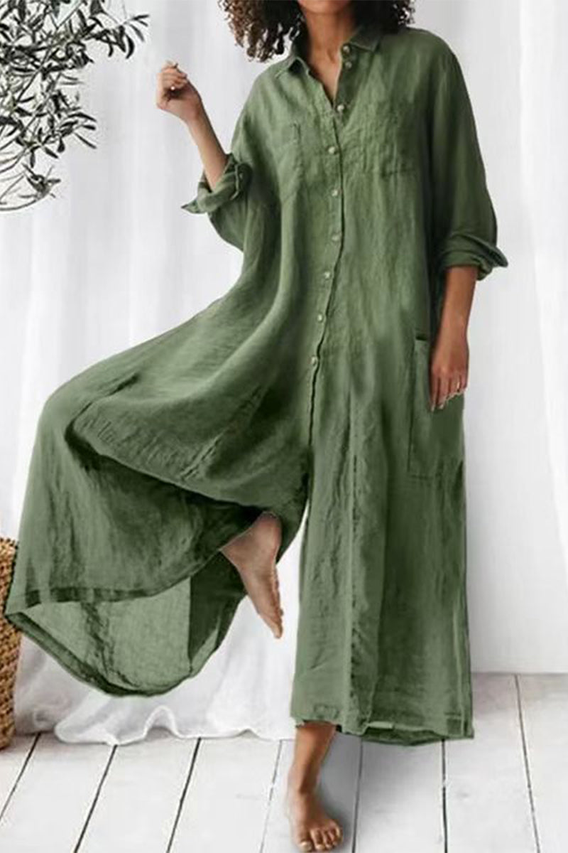 Casual Vacation Solid Pocket Buttons Turndown Collar Loose Jumpsuits(3 Colors) Green