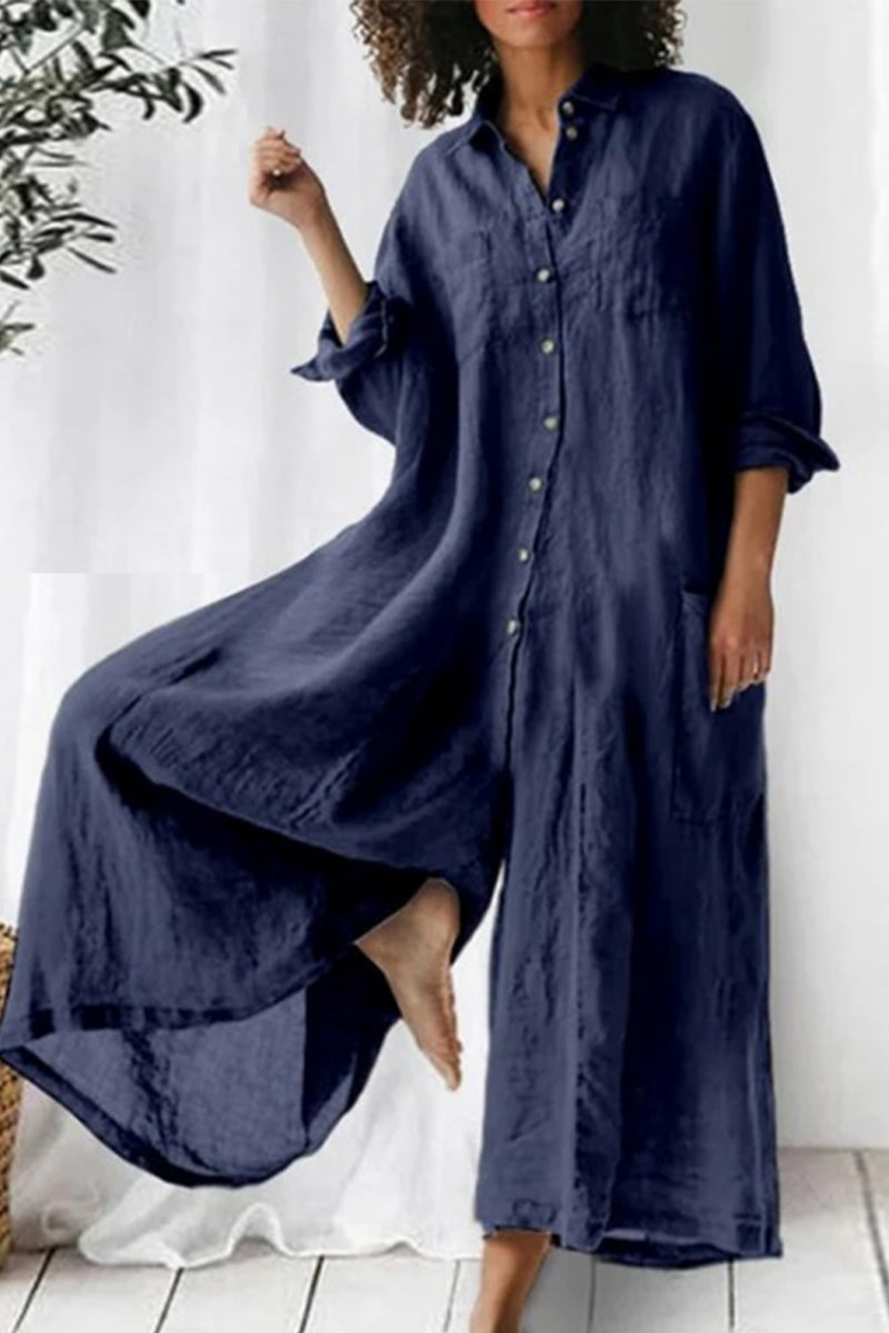 Casual Vacation Solid Pocket Buttons Turndown Collar Loose Jumpsuits(3 Colors) Navy Blue