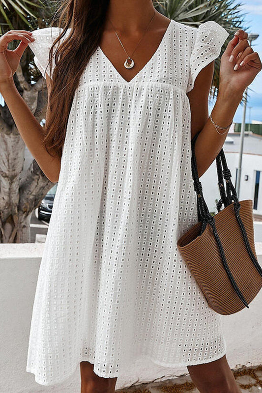 Sweet Cute Solid Lace Hollowed Out V Neck Beach Dress Dresses White