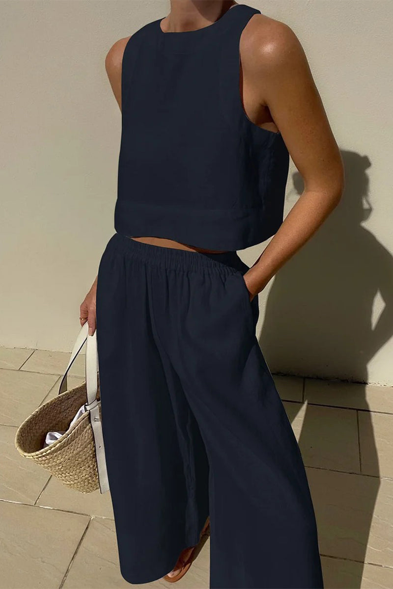 Casual Simplicity Solid Solid Color O Neck Sleeveless Two Pieces Tibetan Blue