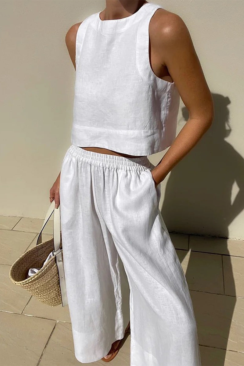 Casual Simplicity Solid Solid Color O Neck Sleeveless Two Pieces White