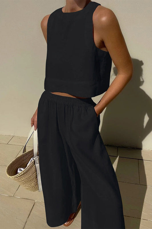 Casual Simplicity Solid Solid Color O Neck Sleeveless Two Pieces Black