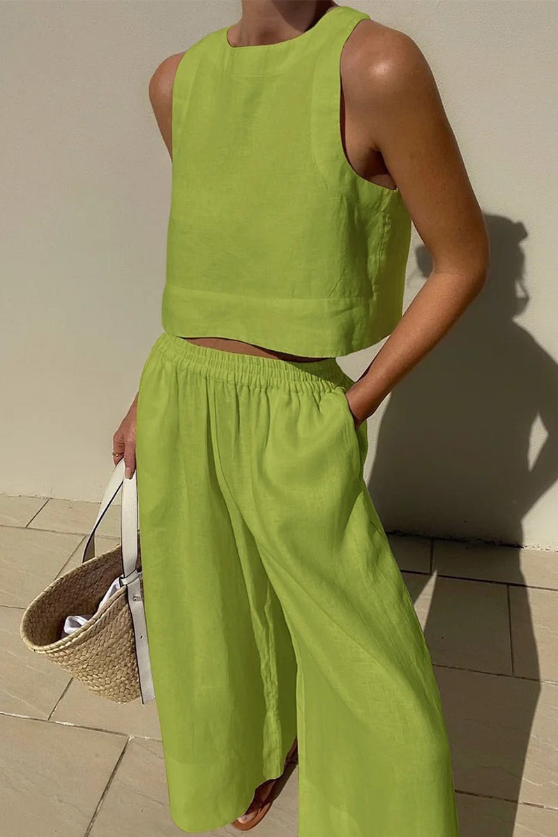 Casual Simplicity Solid Solid Color O Neck Sleeveless Two Pieces Green Yellow